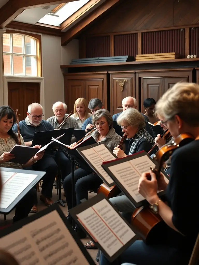 A vibrant photo of a diverse group of musicians rehearsing together in a sunlit community center, capturing the spirit of collaboration and artistic growth fostered by SYLVAIN PICOT MUSIQUE.