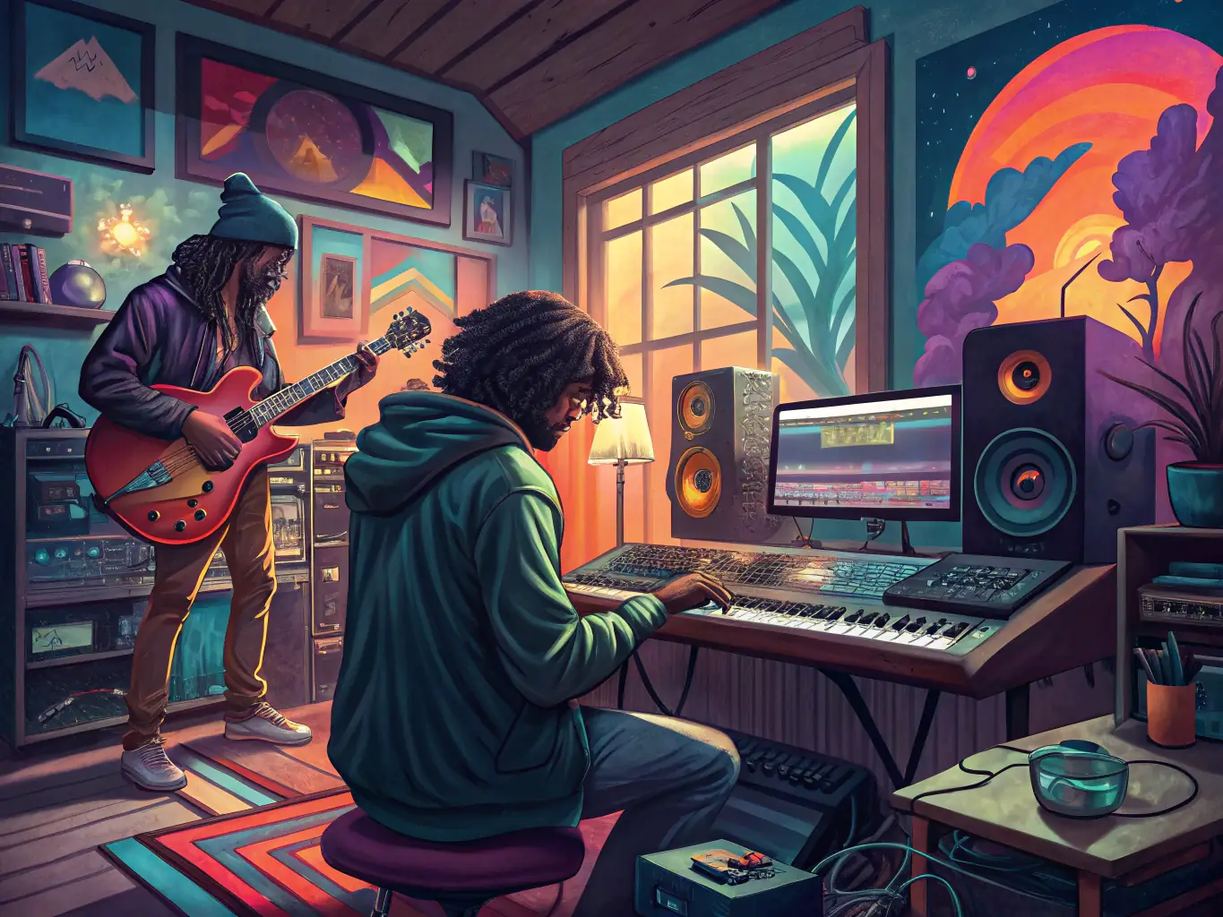 An artist working in a creative studio space, surrounded by musical instruments and recording equipment, focused on composing or rehearsing, illustrating the support provided for artistic development and innovation.