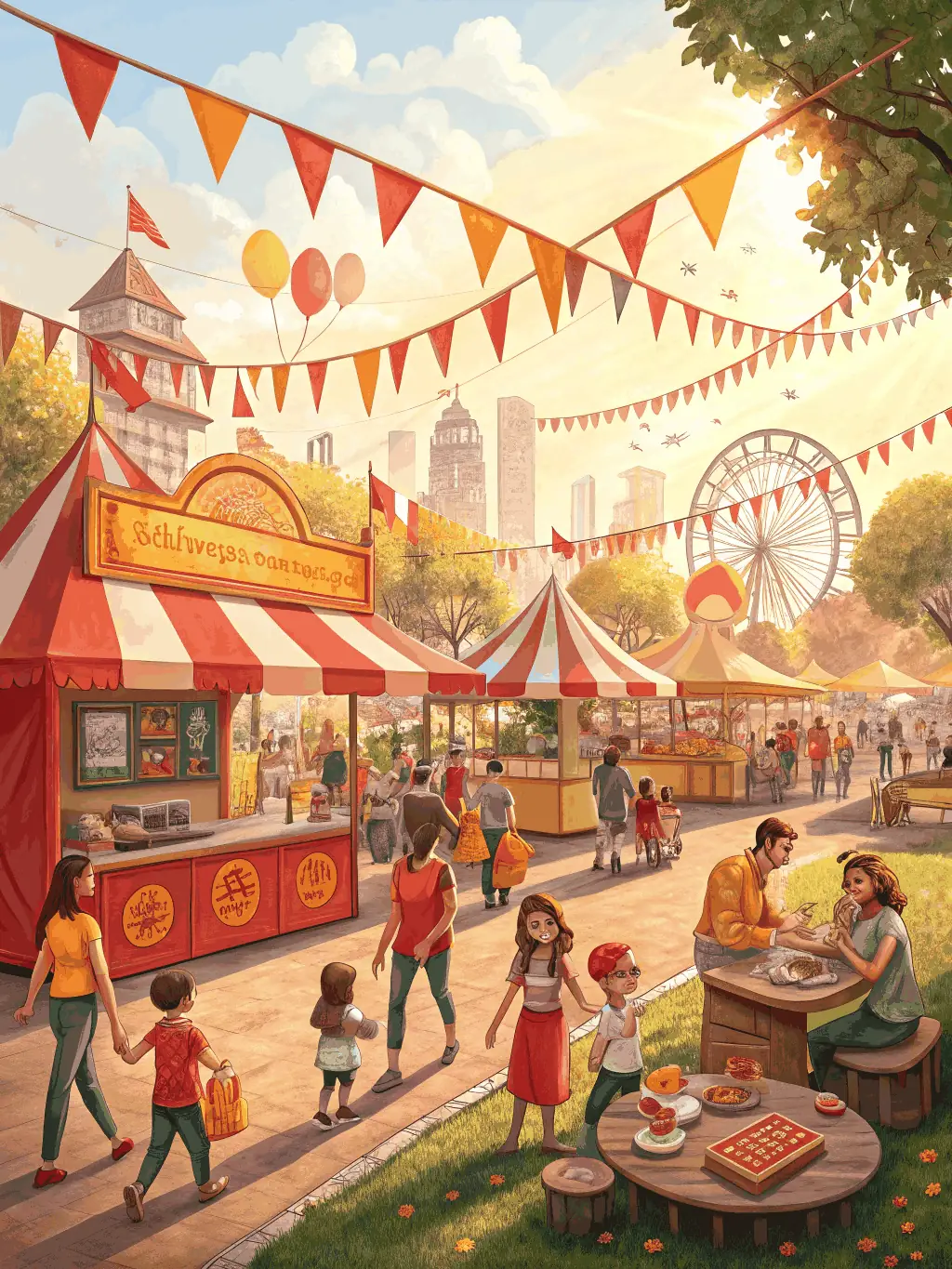 A lively community festival scene with families, children, and seniors participating in interactive music and art activities, reflecting the nonprofit’s commitment to cultural outreach.