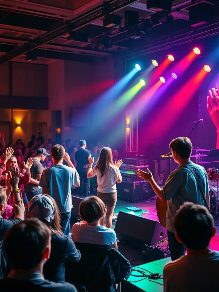 A dynamic photo of a stage performance featuring local artists, colorful lighting, and an enthusiastic audience, highlighting the vibrancy of regional artistic life.