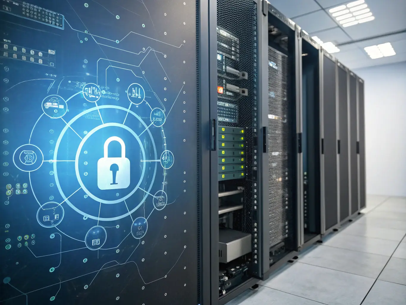 A stylized illustration of a secure server rack with a lock symbol, representing web hosting and data protection, with a subtle French flag motif in the background.