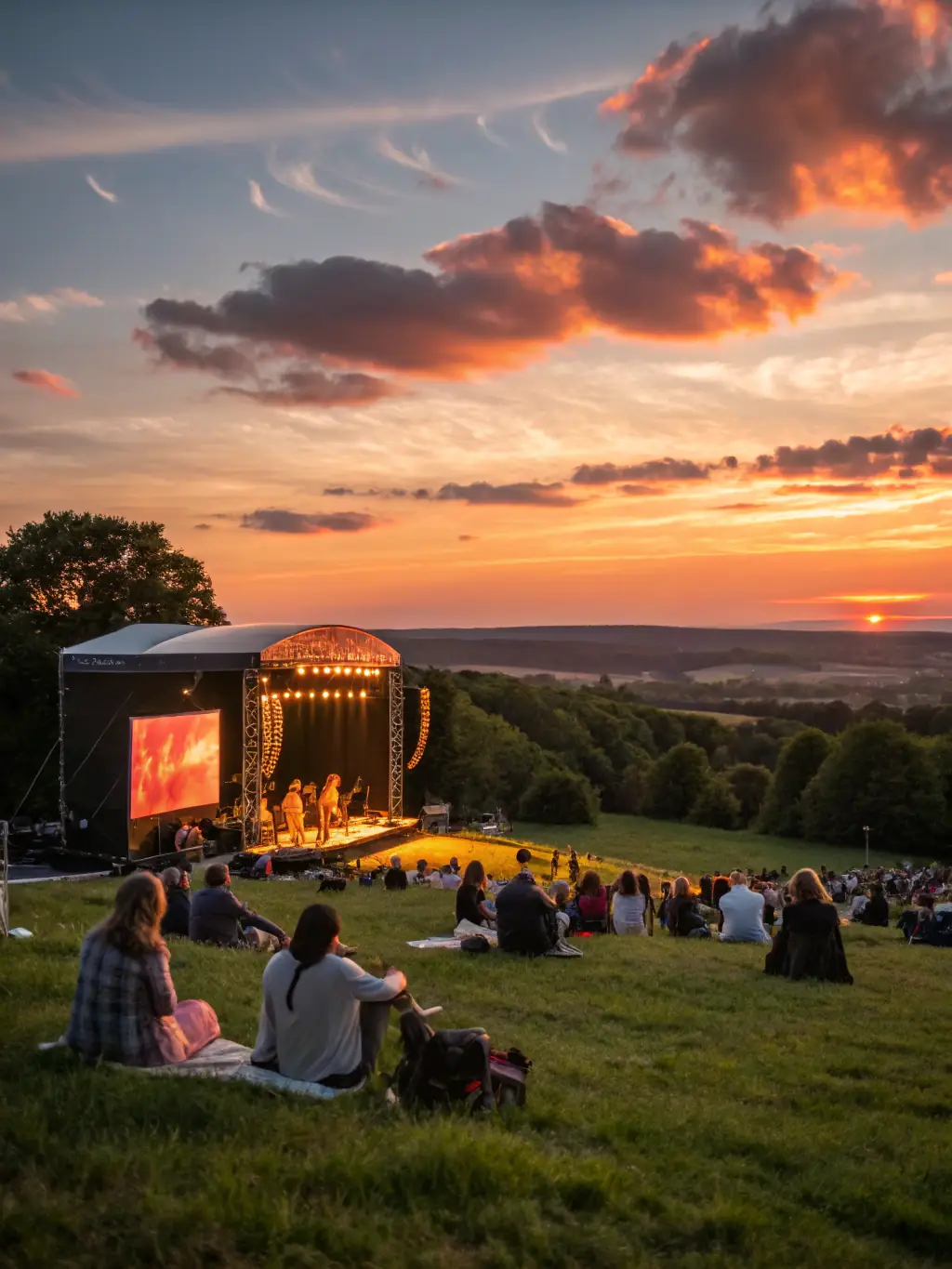 A vibrant outdoor concert scene at dusk, with musicians performing on stage and a diverse, enthusiastic audience enjoying the show, representing the energy of SYLVAIN PICOT MUSIQUE's live events.