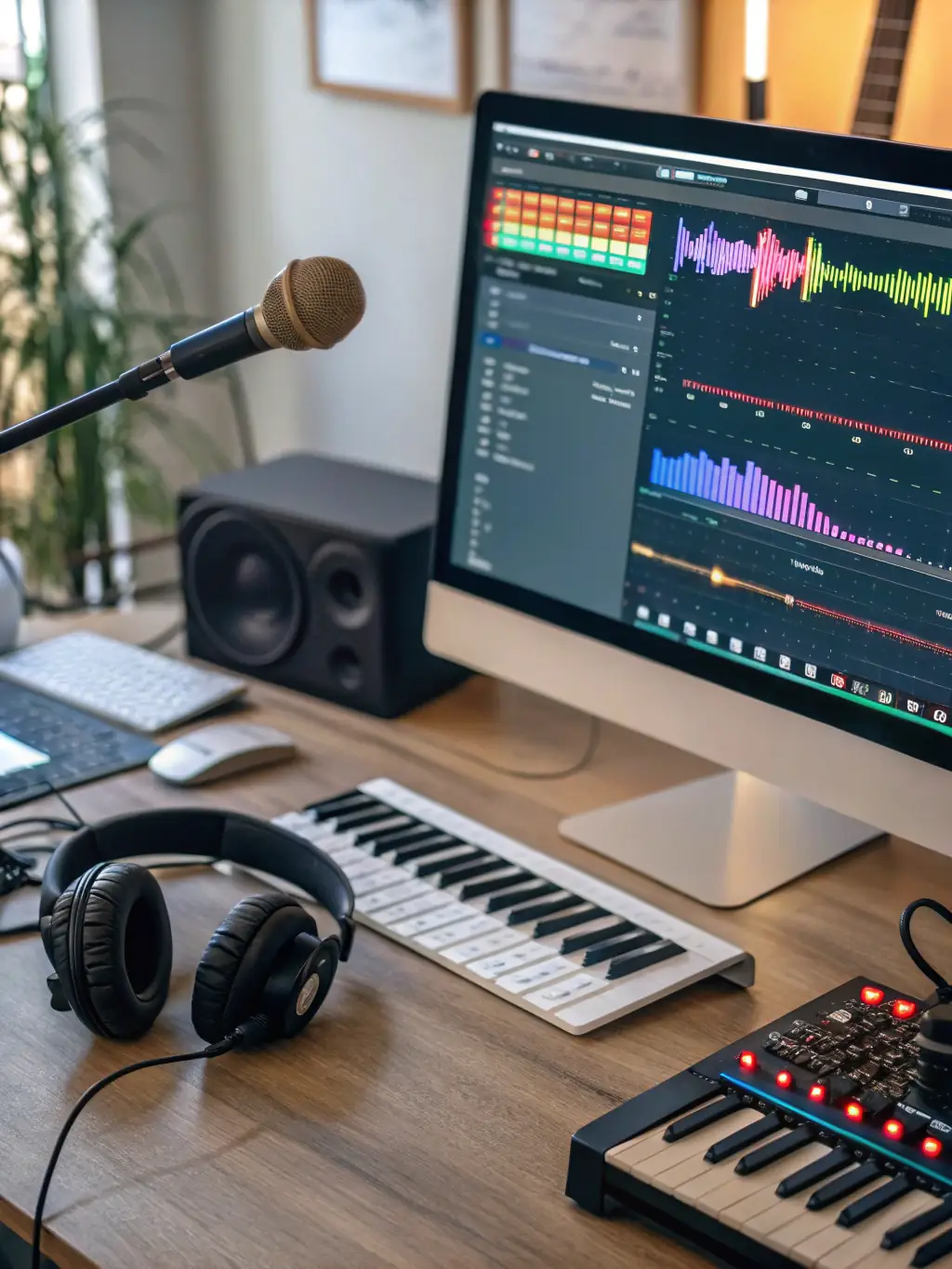 An artist working in a well-lit studio, surrounded by musical instruments, recording equipment, and creative materials, capturing the spirit of artistic innovation and support.