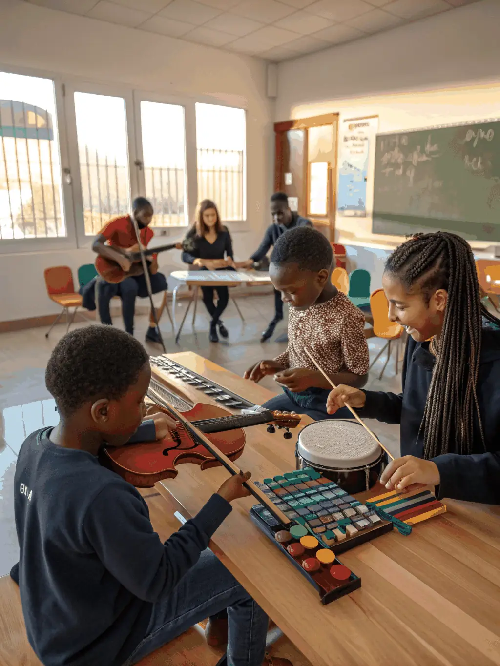 A candid shot of a music workshop in progress, with participants of various ages learning instruments and sharing ideas, symbolizing educational outreach and community engagement.