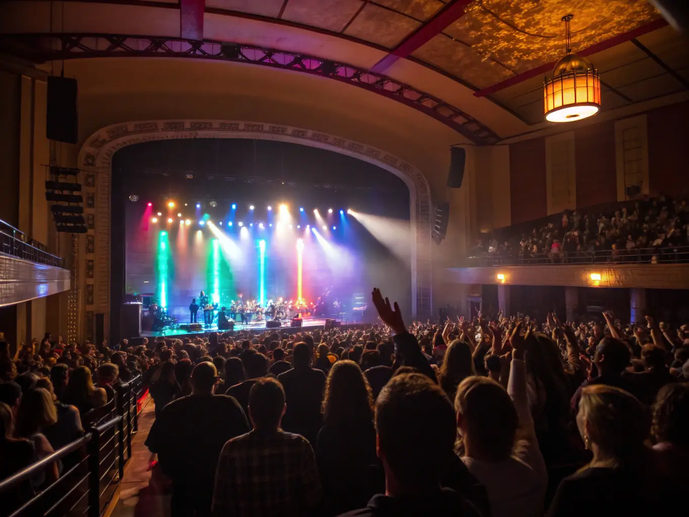 A dynamic scene from a live concert organized by Sylvain Picot Musique, featuring performers on stage under colorful lights, with an enthusiastic audience enjoying the show in a local theater.