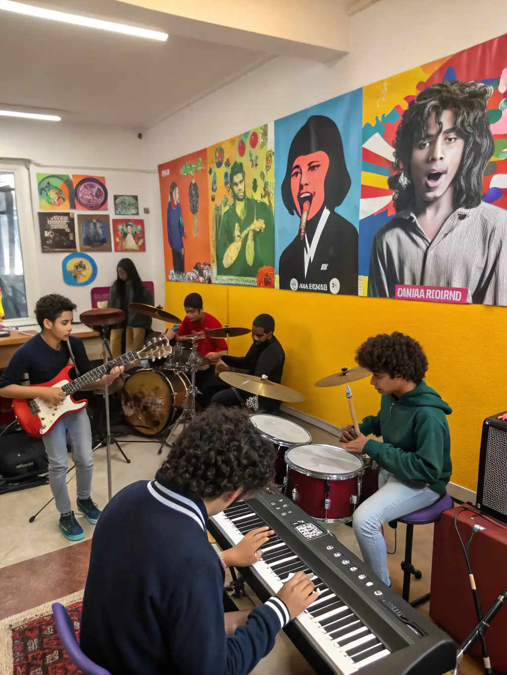 A group of participants of all ages gathered in a music workshop, some playing instruments while an instructor leads an interactive session, highlighting the inclusive nature of our musical training programs.