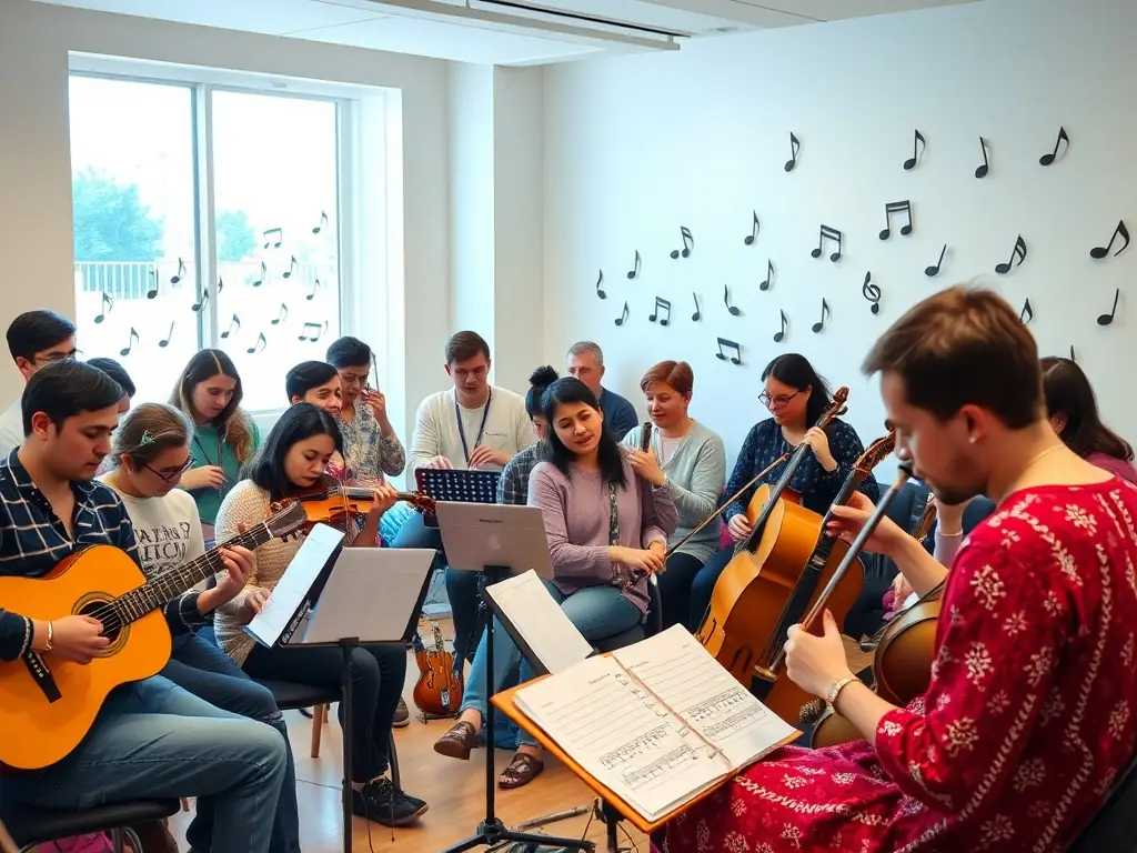 A group of musicians of various ages participating in an interactive music workshop, with instruments and sheet music visible, set in a bright community center, capturing the spirit of collaborative learning and artistic growth.